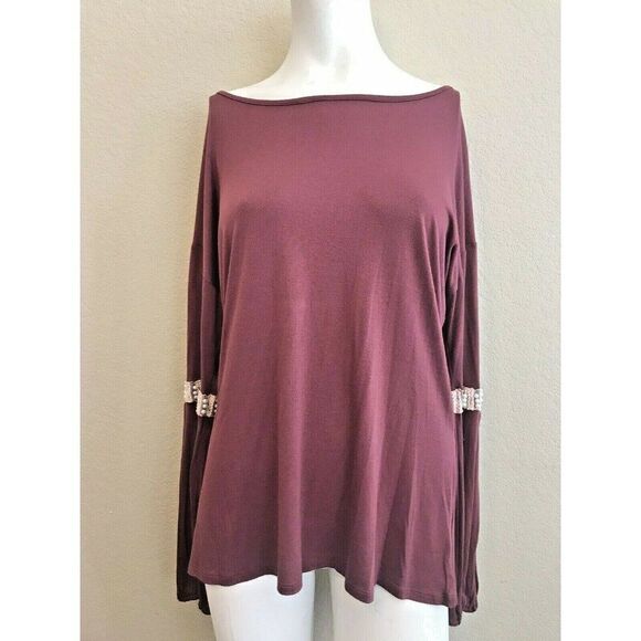 Large Blouse Pearls Long Sleeve Wine Top - Picture 1 of 6